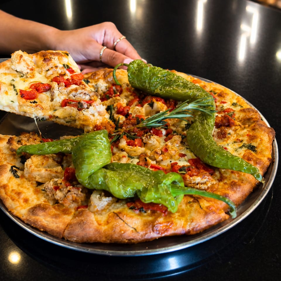 Hand lifting a slice of pizza topped with chicken, red peppers, and large green peppers.