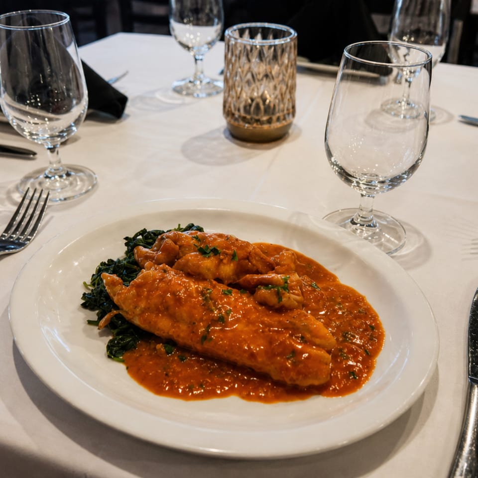 Fish fillets in red sauce over spinach, with wine glasses and a candle on a white tablecloth.